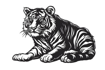 Fototapeta premium Hand drawn tiger silhouette in a minimal style. Black and white graphic illustration isolated on white background