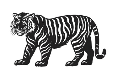 Obraz premium Hand drawn tiger silhouette in a minimal style. Black and white graphic illustration isolated on white background