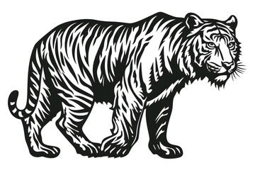 Obraz premium Hand drawn tiger silhouette in a minimal style. Black and white graphic illustration isolated on white background