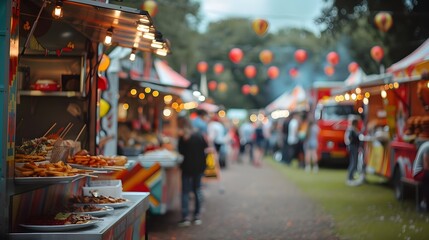 Obraz premium Blurred Culinary Delight:A Vibrant Food Truck Festival in Glasgow