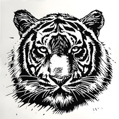 Fototapeta premium Hand drawn tiger silhouette in a minimal style. Black and white graphic illustration isolated on white background