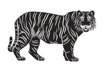 Obraz premium Hand drawn tiger silhouette in a minimal style. Black and white graphic illustration isolated on white background