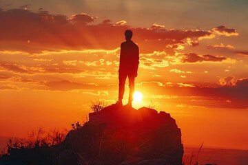 Obraz premium Silhouette of a Person Standing on a Rock During a Stunning Sunset