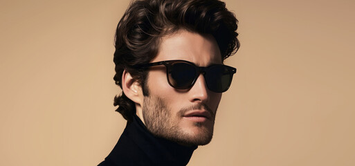 Fototapeta premium Fashion shooting model in stylish sunglasses on a minimalistic beige background. Ideal advertising for accessories eyewear stores.