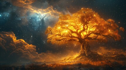 Glowing Tree in Starry Night