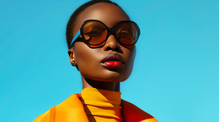 Fashion shooting afro model in stylish luxury sunglasses on a minimalistic blue sky background. Ideal advertising for accessories eyewear stores.