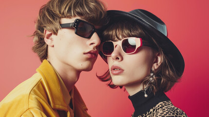 Fashion couple young models in stylish retro sunglasses on a minimalistic background. Ideal advertising for accessories eyewear stores.