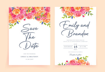 watercolor pink roses wedding invitation card set