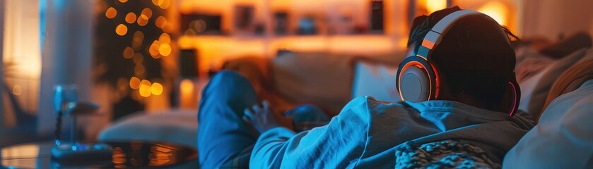 AI curating a personalized music playlist for a user, selective focus, custom listening experience, whimsical, multilayer, cozy room backdrop