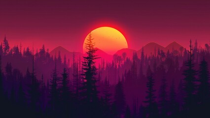 Obraz premium Silhouette of pine trees in the mountains at sunset, illustration.