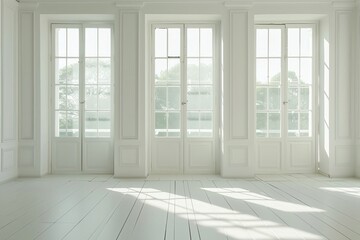 Fototapeta premium Bright, airy room with a crisp white wall and a soft glare from French windows, perfect for a fresh, clean presentation backdrop