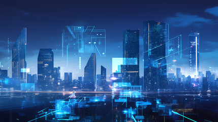 Obraz premium 3D, blue future city and traffic, light particles, technology and artificial intelligence