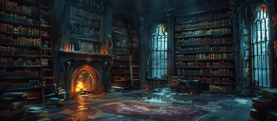 A Cozy Fireplace in a Grand Library