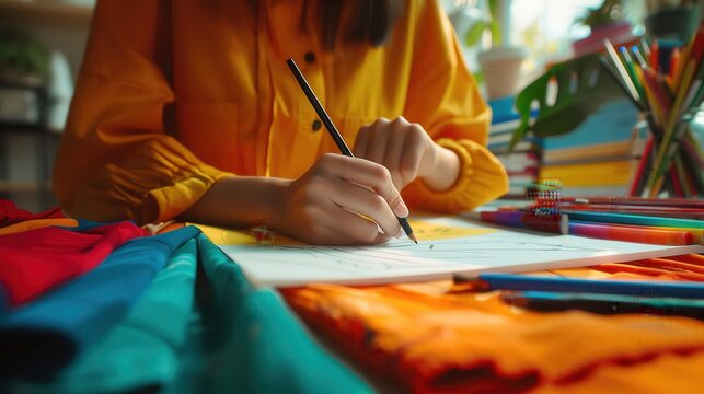 Designer sketching eco-friendly clothing line, selective focus, sustainable creativity, vibrant, multilayer, design studio backdrop