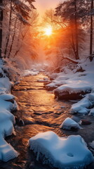 forest at winter with river at the morning sunrise