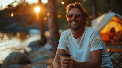 Close up of happy friends laughing and enjoying outdoor activities together at summer , having fun at a camping or glamping site with a tent in the background