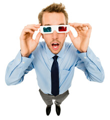 Shock, portrait and man with glasses for 3d vision, movie eyewear and media professional in studio....