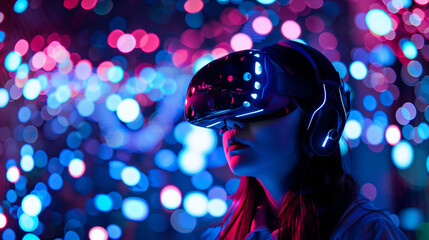 A woman wearing a virtual reality headset is looking at the camera. The image has a futuristic and technological vibe, with the woman's outfit