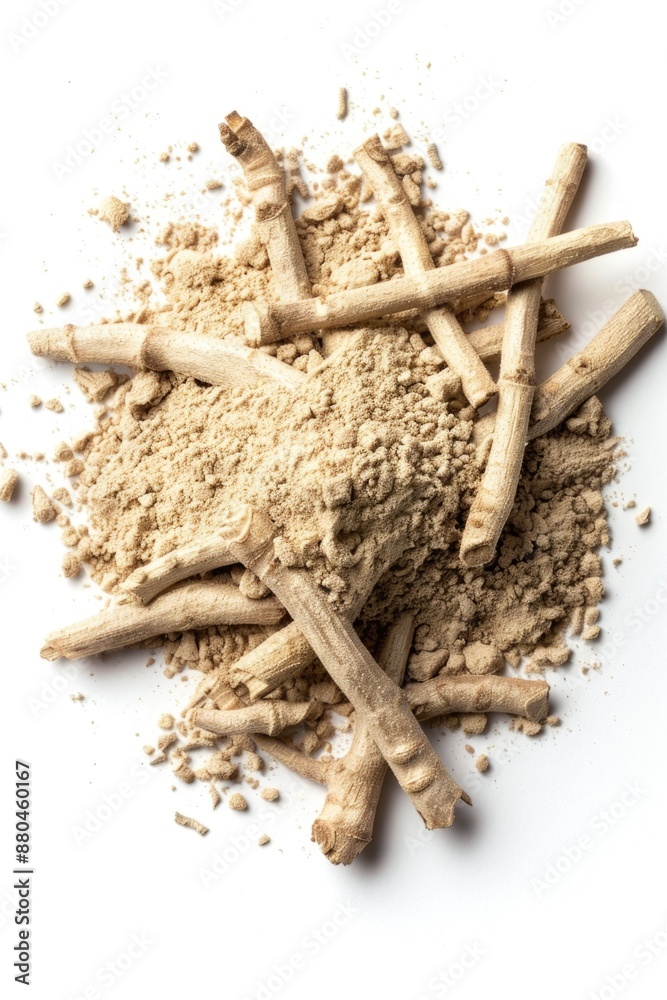 Poster a simple composition featuring a pile of wooden sticks and sand on a white background, great for use