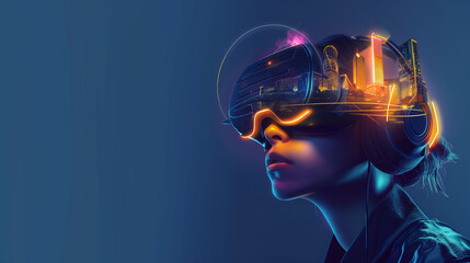 A woman wearing a virtual reality headset is looking at the camera. The image has a futuristic and technological vibe, with the woman's outfit