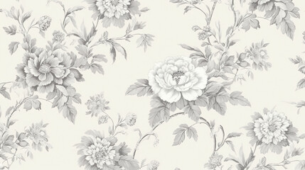 A vintage-style floral pattern in grey and white, reminiscent of traditional French toile designs, on an off-white background. seamless patterns. background.