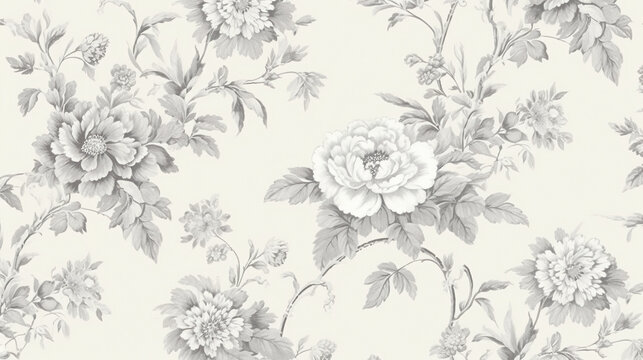 A vintage-style floral pattern in grey and white, reminiscent of traditional French toile designs, on an off-white background. seamless patterns. background.