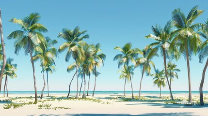 Fototapeta premium Serene beach landscape with tall palm trees swaying in a gentle breeze against a clear blue sky