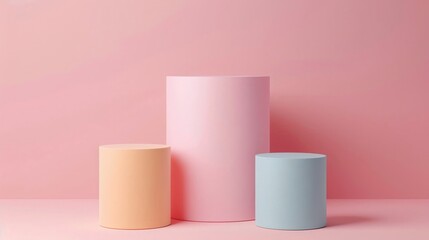 Trio of varying height pastelcolored podiums against a soft pink background, harmonious and subtle