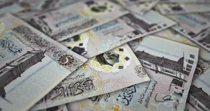 Libya dinar 5 LYD banknote surface. Flying over Libyan money note. 3D abstract concept of business, inflation, economy, finance, crisis and banking. Seamless and looped.