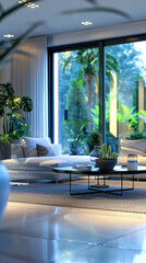 Fototapeta premium Experience a smart home interior where AI-powered devices blend into daily routines, offering seamless integration for enhanced living, Ai-centered world