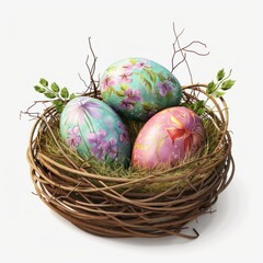 Obraz premium Three Painted Eggs in a Birds Nest