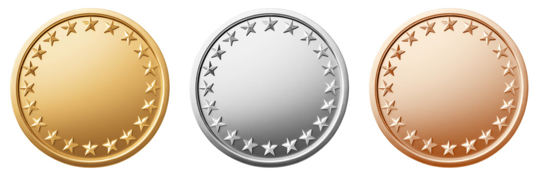 Set of blank golden, silver, bronze awards with scalloped edges and stars around the perimeter. First, second, third place medals isolated 