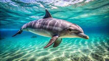 Obraz premium A sleek gray dolphin swims solo, its curved dorsal fin and playful tail slicing through calm turquoise waters beside bubbles.