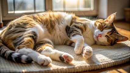 Adorable two-year-old female cat sleeps peacefully between legs, exposed rounded belly, twisted body, morning sunlight, Tokyo home, June 12th, 2022, Japan.