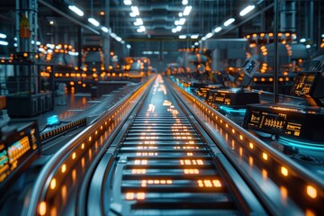 Naklejka premium Futuristic factory assembly line with glowing lights and automated machinery, showcasing advanced robotics and industrial technology.