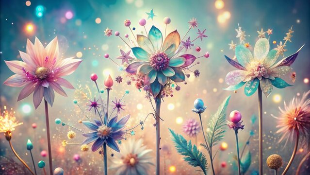 Vibrant, whimsical illustration of sparkling fairy wands, delicate flowers, and shimmering feathers on a soft, pastel-hued background atmosphere.
