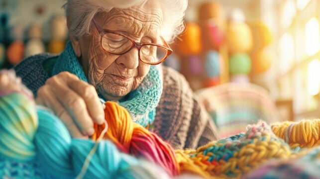 An elderly woman with glasses, peacefully knitting a colorful blanket in a sunlit room filled with neatly arranged skeins of yarn in various shades