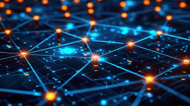 Futuristic digital network with glowing nodes and connections, representing data transfer, technology, and communication concept.