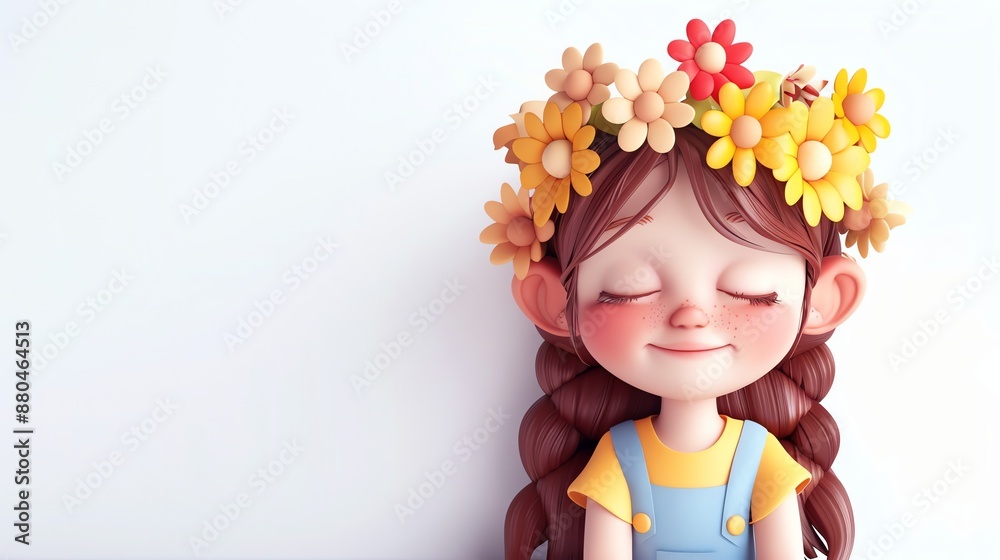 Wall mural A cartoon girl with brown hair and a flower crown.