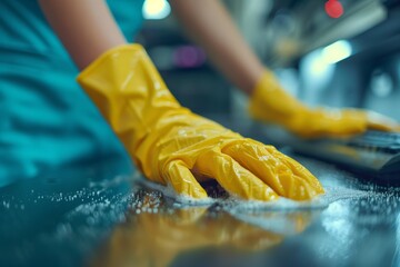 Person Wearing Yellow Gloves Cleaning a Surface With Soapy Water