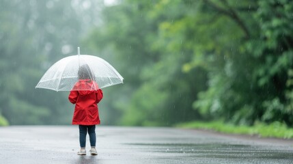 Kid with umbrella standing in a green field during a rainy day, enjoying the weather.