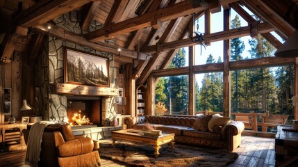 A rustic cabin living room with a stone fireplace, wooden beams, a cozy leather sofa, and a large window overlooking a forest.