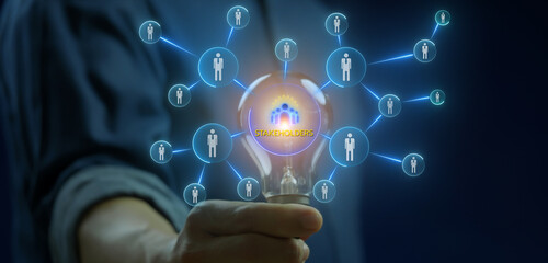 Stakeholders concept for business finance stakeholder investment management. Different stakeholders contact collaboration for company organization. Businessman showing stakeholders icon.