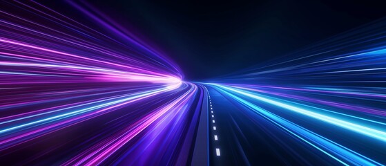 Abstract background with blue and purple light streaks on black, speed motion on a night road