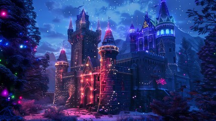 Obraz premium A fairy tale castle covered in Christmas lights, nestled in a winter forest.