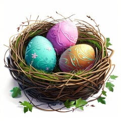 Fototapeta premium Three Painted Eggs in a Birds Nest