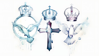 Holy Trinity symbols. Cross, crown and dove of Holy Spirit. Watercolor christian symbols against white background. Vector illustration.