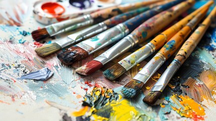 Obraz premium Paintbrushes on a palette of mixed paint colors.