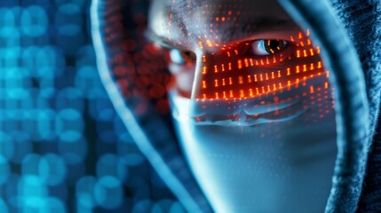hacker's eye - close up of digital data flow on a person's face.
