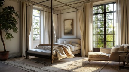A serene bedroom with a canopy bed, luxurious linens, a chaise lounge, and a large window with blackout curtains, designed for ultimate relaxation and comfort.